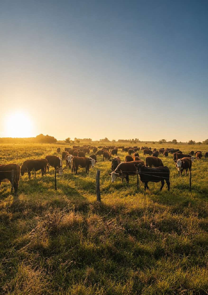 Ganado al amanecer sobre pasturas perennes